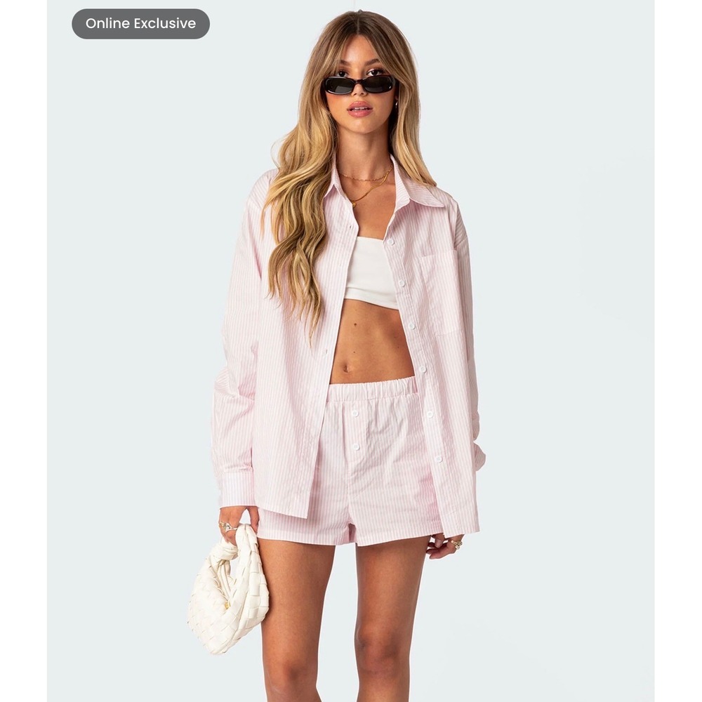 Edikted‎ Pink White Striped Oversized Button Down Shirt Long Sleeve XS